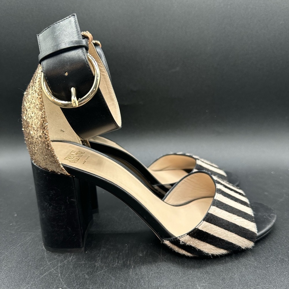 Frances Valentine Blanche Ankle Strap Block Heel Ponyhair Printed Sandal 6.5